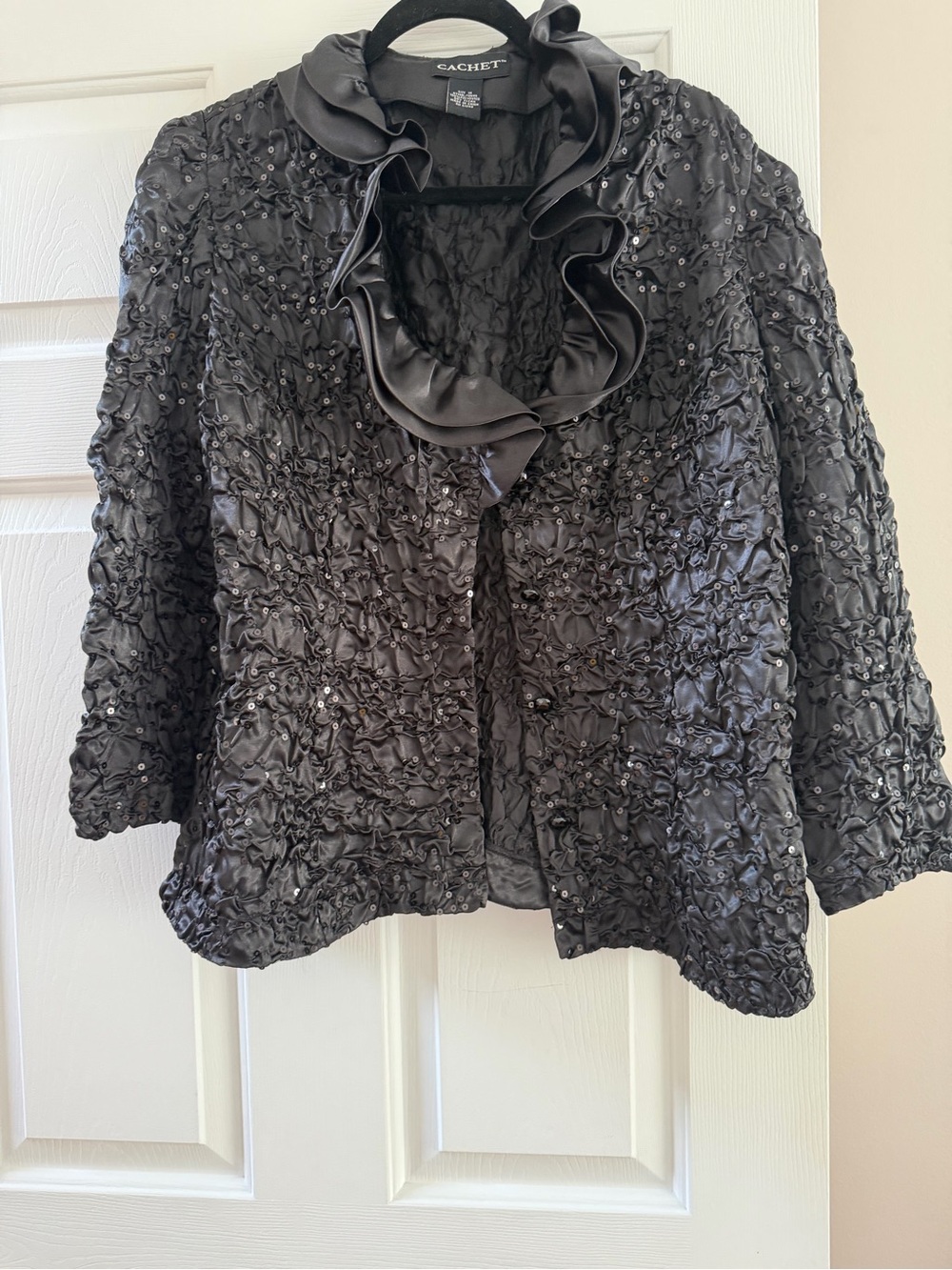 Cachet Black Ruffled Sequin Embellished Jacket Sweater